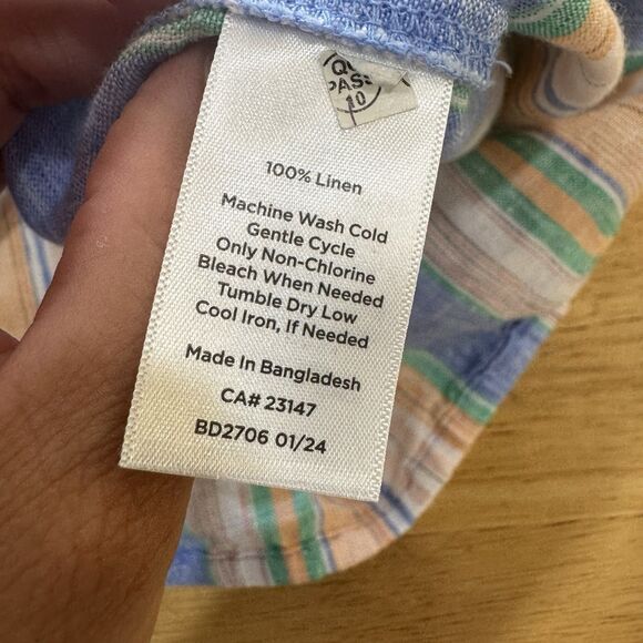 Talbots Linen Top XL Multicolored Stripe Tie Front Cap Sleeve Oversized Button - Picture 8 of 10